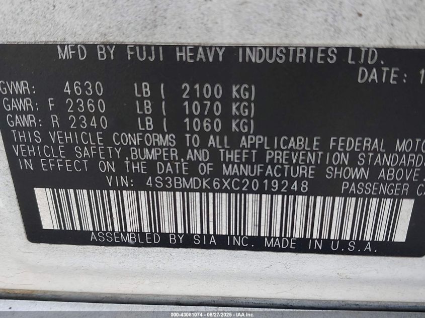 2012 Subaru Legacy 3.6R Limited VIN: 4S3BMDK6XC2019248 Lot: 43081074