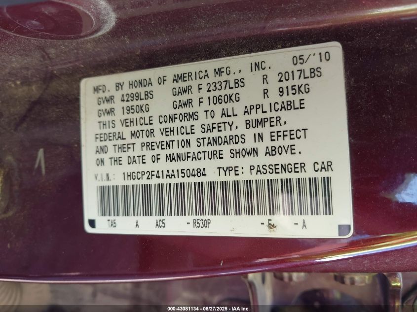 2010 Honda Accord 2.4 Lx-P VIN: 1HGCP2F41AA150484 Lot: 43081134