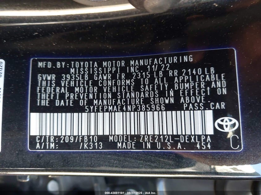 2022 TOYOTA COROLLA LE - 5YFEPMAE4NP385966