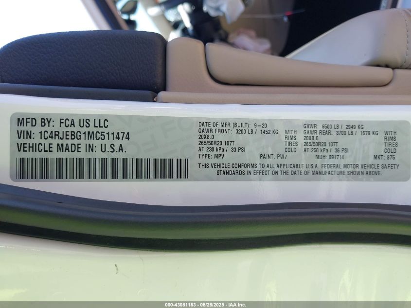 2021 Jeep Grand Cherokee Limited 4X2 VIN: 1C4RJEBG1MC511474 Lot: 43081183