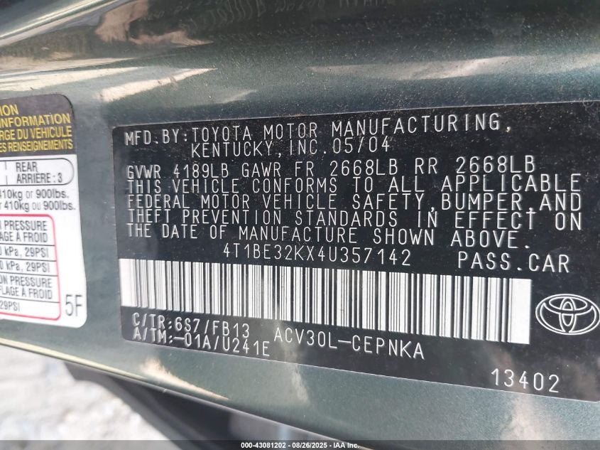 2004 Toyota Camry Le VIN: 4T1BE32KX4U357142 Lot: 43081202