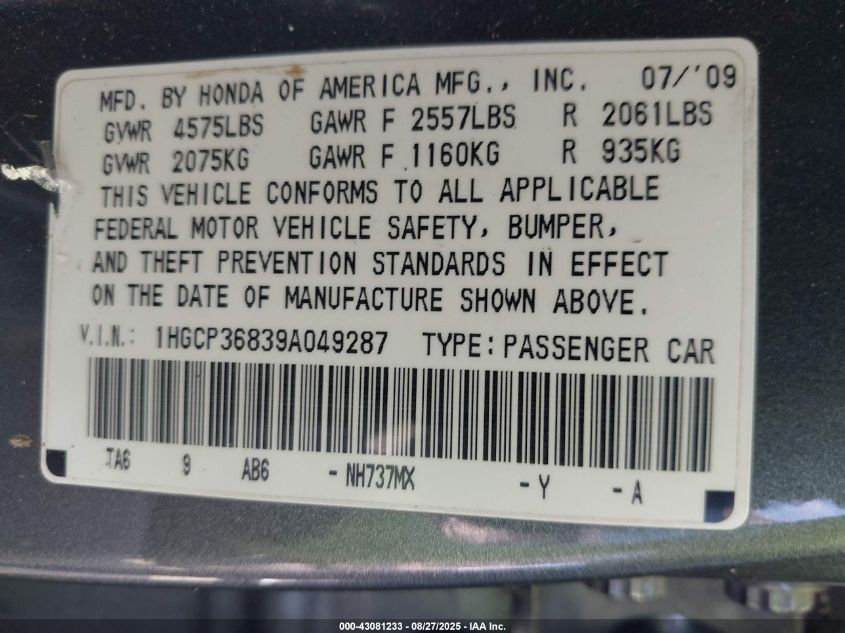 2009 Honda Accord 3.5 Ex-L VIN: 1HGCP36839A049287 Lot: 43081233