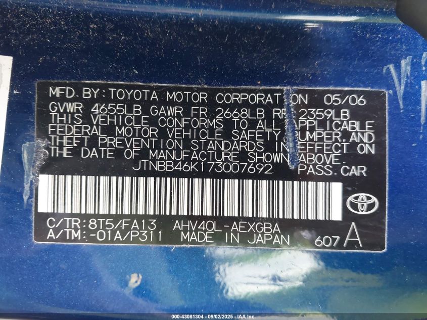 2007 Toyota Camry Hybrid VIN: JTNBB46K173007692 Lot: 43081304