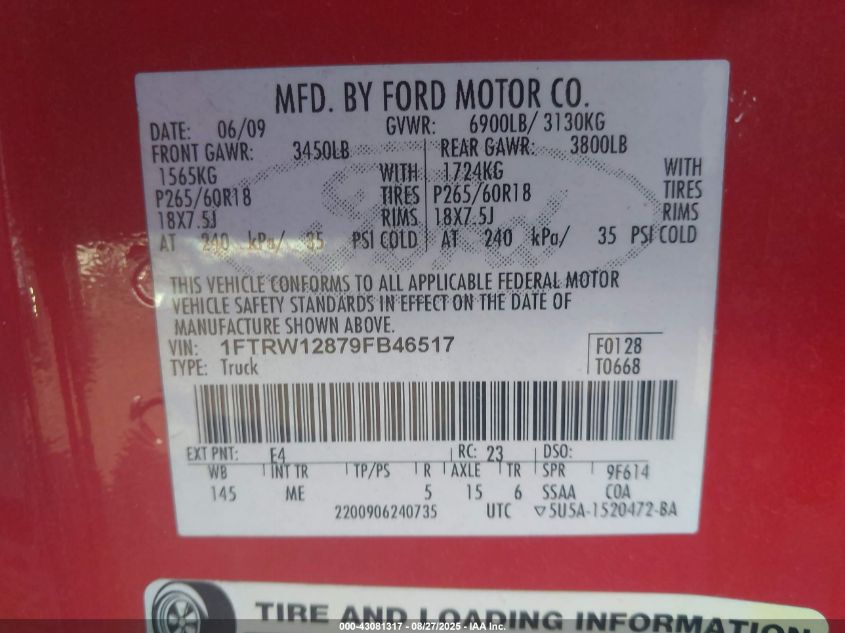 2009 Ford F-150 Xl/Xlt VIN: 1FTRW12879FB46517 Lot: 43081317