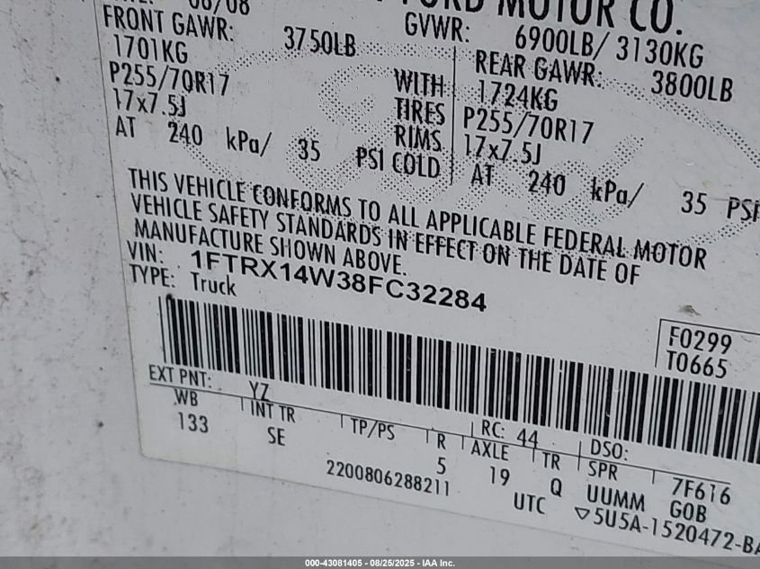 2008 Ford F-150 Stx/Xl/Xlt VIN: 1FTRX14W38FC32284 Lot: 43081405