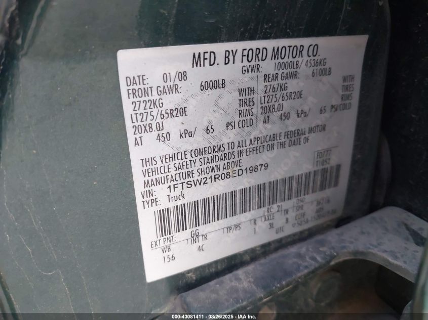 2008 Ford F-250 Fx4/Harley-Davidson/King Ranch/Lariat/Xl/Xlt VIN: 1FTSW21R08ND19879 Lot: 43081411