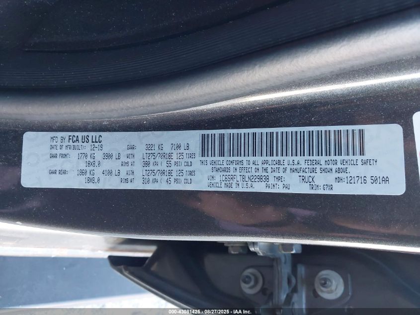 2020 Ram 1500 Rebel 4X4 5'7 Box VIN: 1C6SRFLT8LN229838 Lot: 43081425