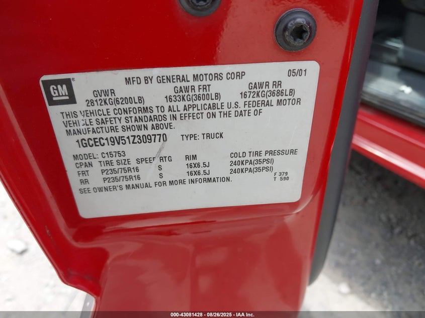 2001 Chevrolet Silverado 1500 Ls VIN: 1GCEC19V51Z309770 Lot: 43081428