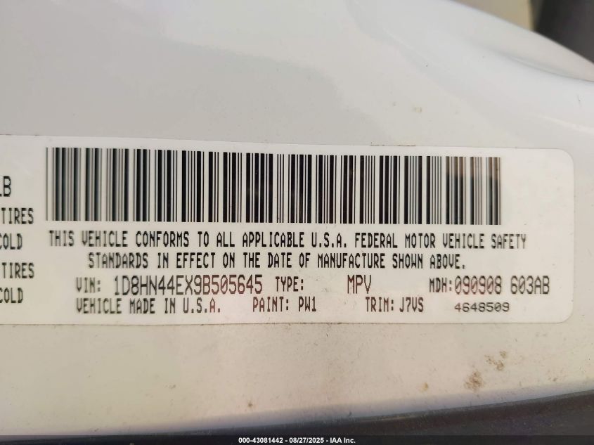 2009 Dodge Grand Caravan Se VIN: 1D8HN44EX9B505645 Lot: 43081442