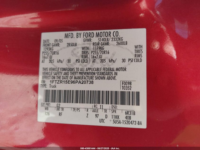 2006 Ford Ranger Fx4 Off-Road/Sport/Xl/Xlt VIN: 1FTZR15E96PA20738 Lot: 43081444