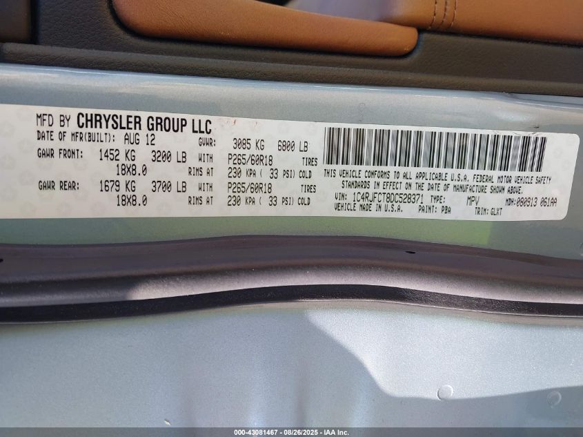 2013 Jeep Grand Cherokee Overland VIN: 1C4RJFCT8DC528371 Lot: 43081467