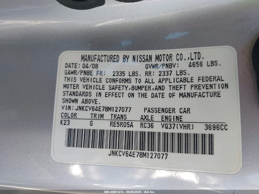 2008 Infiniti G37 Journey VIN: JNKCV64E78M127077 Lot: 43081474
