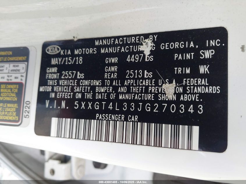 2018 Kia Optima Lx VIN: 5XXGT4L33JG270343 Lot: 43081485