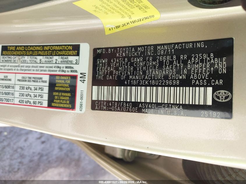 2011 Toyota Camry Le VIN: 4T1BF3EK1BU229698 Lot: 43081527