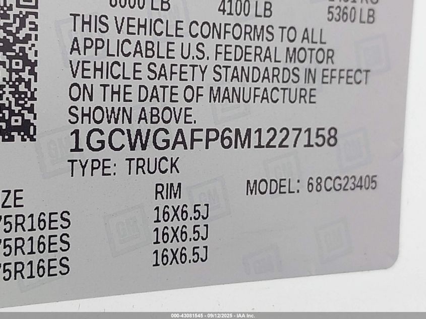 2021 Chevrolet Express Cargo Rwd 2500 Regular Wheelbase Wt VIN: 1GCWGAFP6M1227158 Lot: 43081545