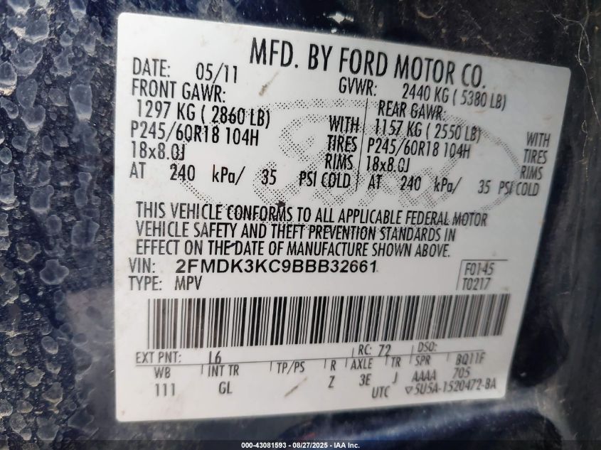 2011 Ford Edge Limited VIN: 2FMDK3KC9BBB32661 Lot: 43081593