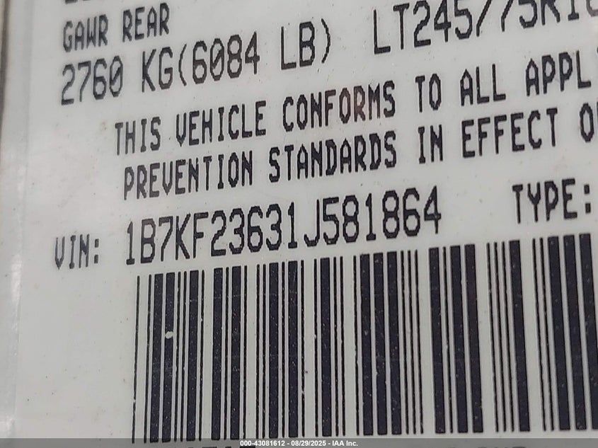 2001 Dodge Ram 2500 St VIN: 1B7KF23631J581864 Lot: 43081612
