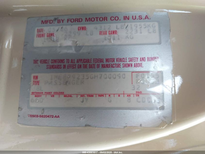 1986 Mercury Cougar VIN: 1MEBP9235GH700090 Lot: 43081617