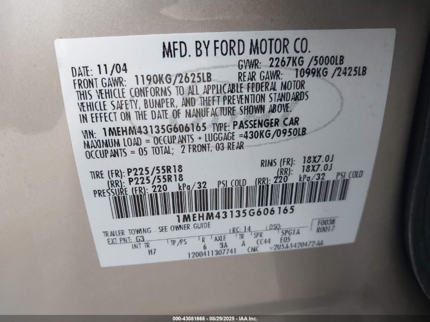 2005 Mercury Montego Premier VIN: 1MEHM43135G606165 Lot: 43081666