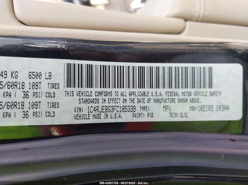 2015 Jeep Grand Cherokee Limited VIN: 1C4RJEBG3FC185339 Lot: 43081705