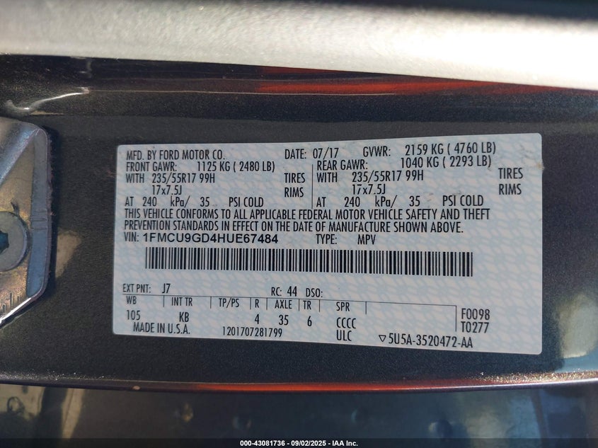 2017 FORD ESCAPE SE - 1FMCU9GD4HUE67484