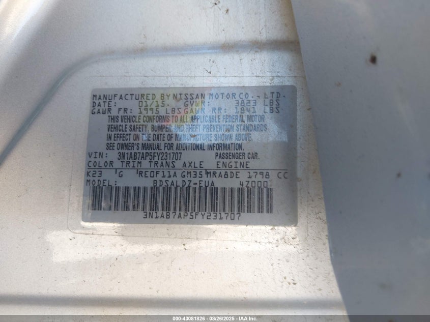 2015 NISSAN SENTRA FE+ S/S/SL/SR/SV - 3N1AB7AP5FY231707