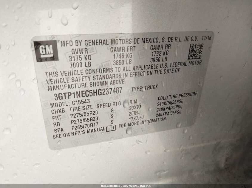 2017 GMC Sierra 1500 Slt VIN: 3GTP1NEC5HG237487 Lot: 43081830
