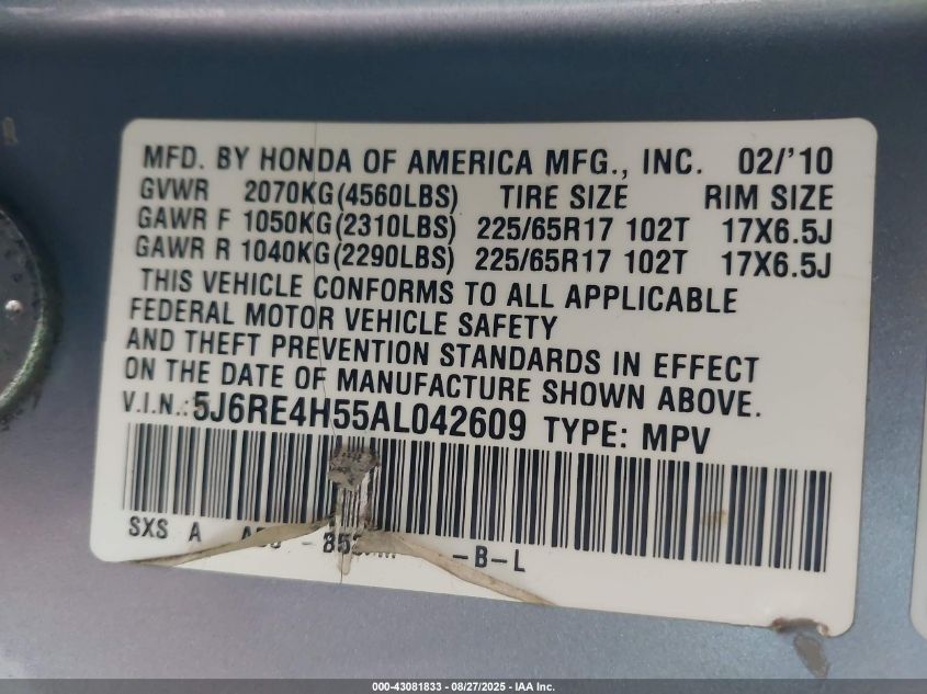 2010 Honda Cr-V Ex VIN: 5J6RE4H55AL042609 Lot: 43081833