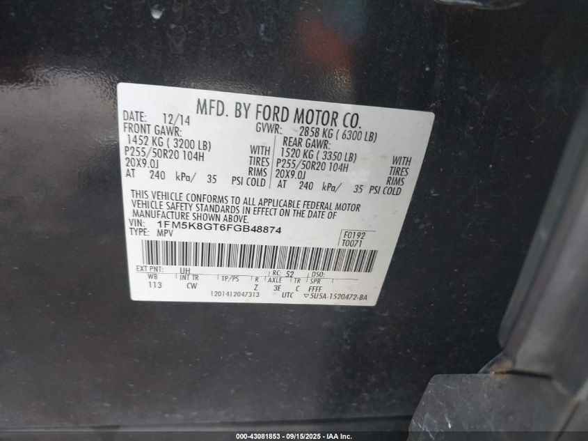 2015 Ford Explorer Sport VIN: 1FM5K8GT6FGB48874 Lot: 43081853