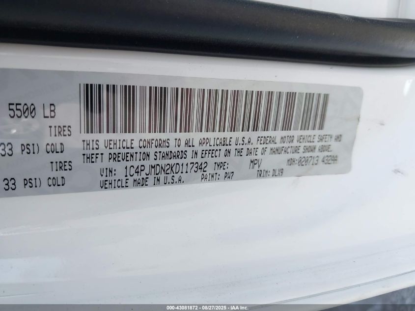 2019 Jeep Cherokee Limited 4X4 VIN: 1C4PJMDN2KD117342 Lot: 43081872