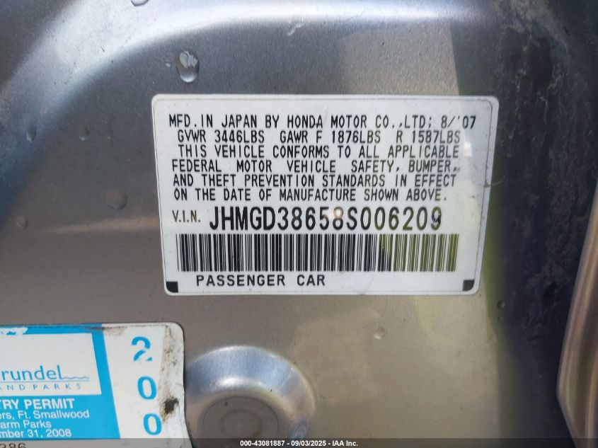 2008 Honda Fit Sport VIN: JHMGD38658S006209 Lot: 43081887