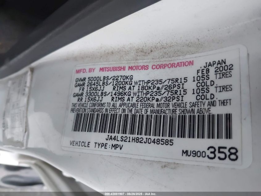2002 Mitsubishi Montero Sport Es/Ls VIN: JA4LS21H82J048585 Lot: 43081907