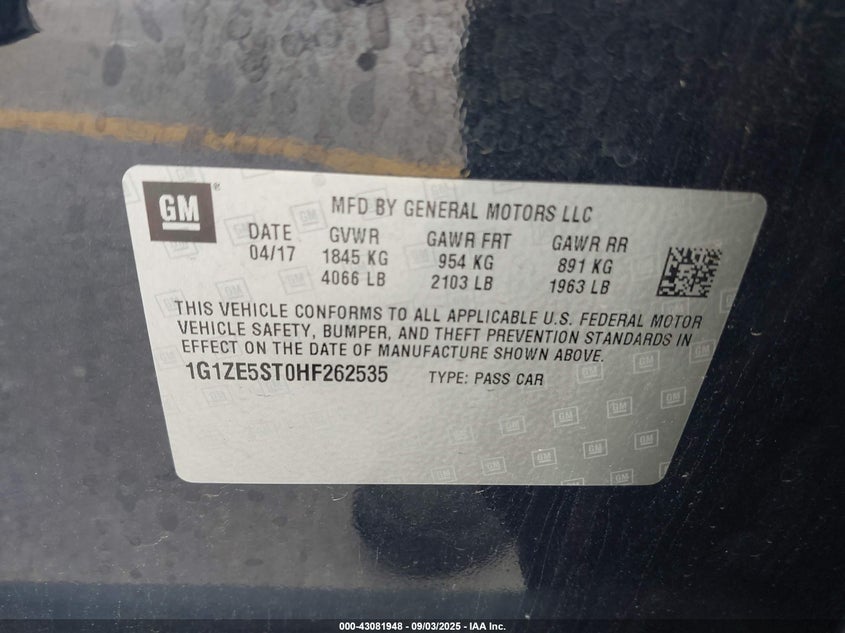 2017 Chevrolet Malibu 1Lt VIN: 1G1ZE5ST0HF262535 Lot: 43081948