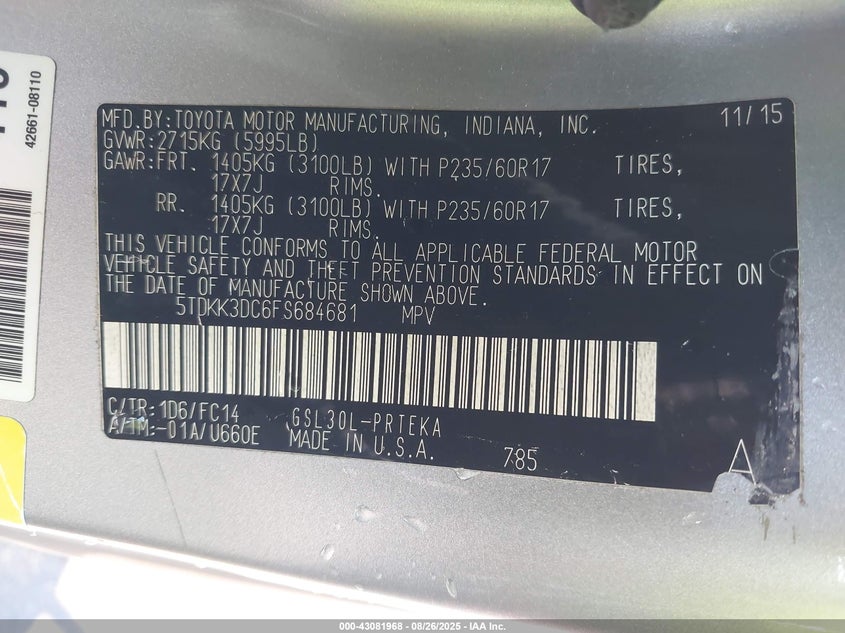 2015 TOYOTA SIENNA LE 8 PASSENGER 5TDKK3DC6FS684681