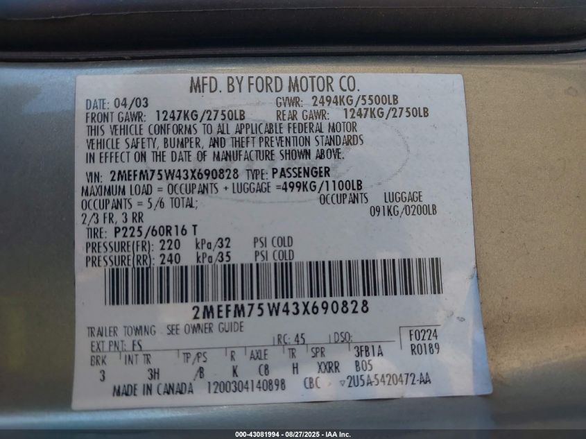 2003 Mercury Grand Marquis Ls VIN: 2MEFM75W43X690828 Lot: 43081994