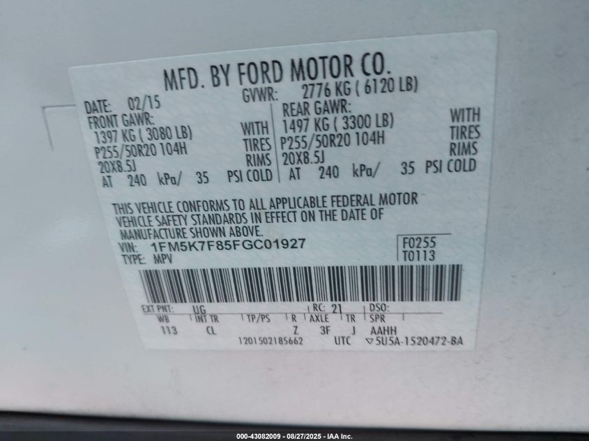 2015 Ford Explorer Limited VIN: 1FM5K7F85FGC01927 Lot: 43082009