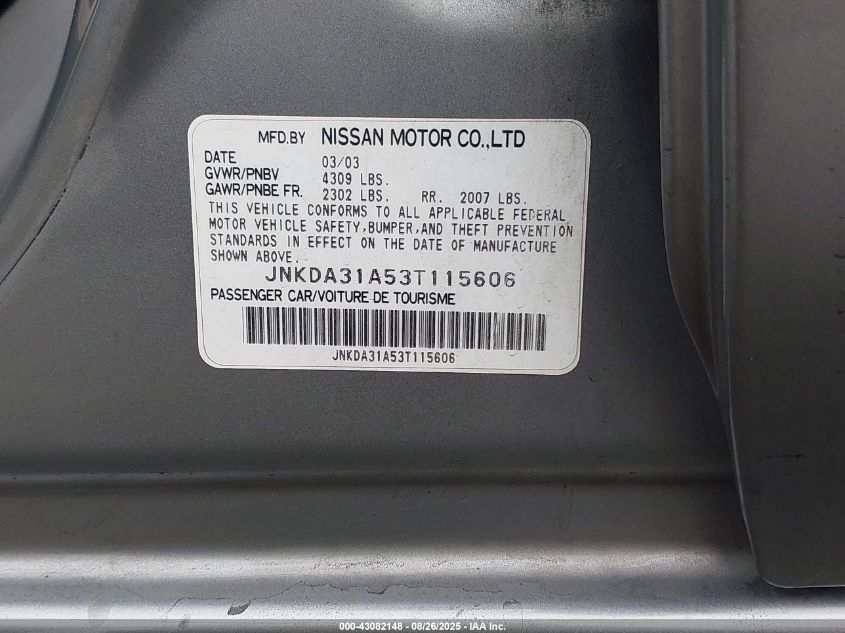 2003 Infiniti I35 Luxury VIN: JNKDA31A53T115606 Lot: 43082148