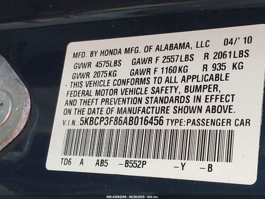 2010 Honda Accord 3.5 Ex-L VIN: 5KBCP3F86AB016456 Lot: 43082256