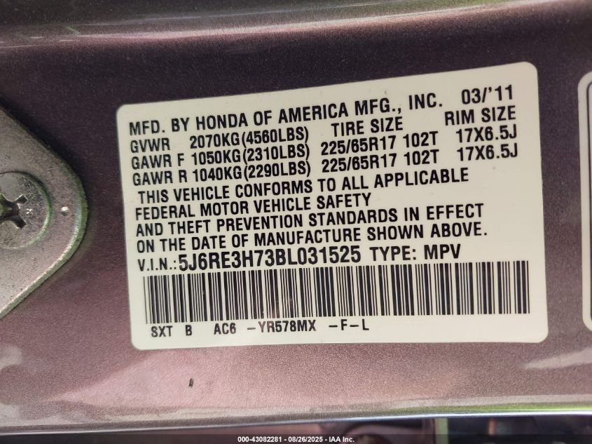 2011 Honda Cr-V Ex-L VIN: 5J6RE3H73BL031525 Lot: 43082281