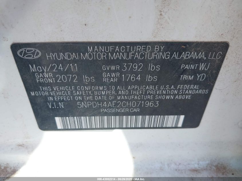 2012 Hyundai Elantra Gls VIN: 5NPDH4AE2CH071963 Lot: 43082314