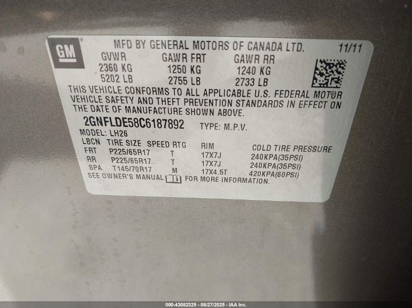 2012 Chevrolet Equinox 1Lt VIN: 2GNFLDE58C6187892 Lot: 43082329