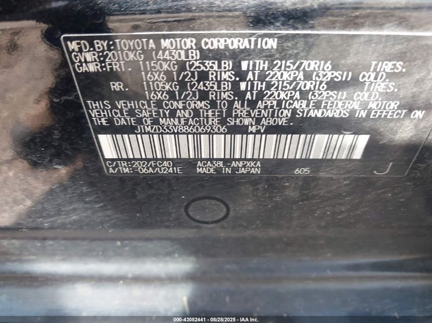 2008 Toyota Rav4 VIN: JTMZD33V886069306 Lot: 43082441