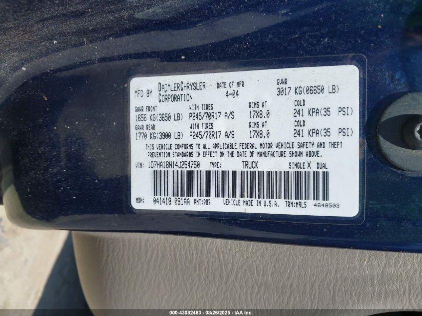 2004 Dodge Ram 1500 Slt/Laramie VIN: 1D7HA18N14J254750 Lot: 43082463