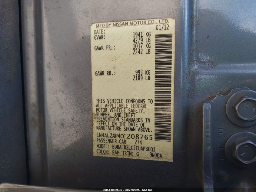 2012 Nissan Altima 2.5 S VIN: 1N4AL2AP4CC208765 Lot: 43082505