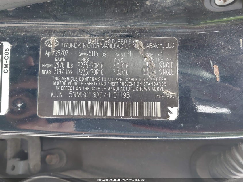 2007 Hyundai Santa Fe Gls VIN: 5NMSG13D97H101198 Lot: 43082528