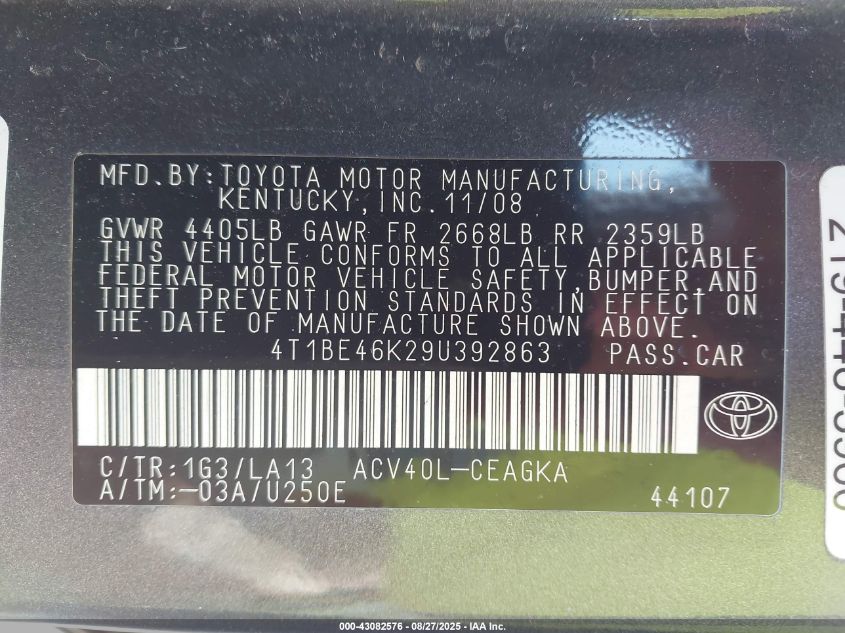 2009 Toyota Camry Xle VIN: 4T1BE46K29U392863 Lot: 43082576