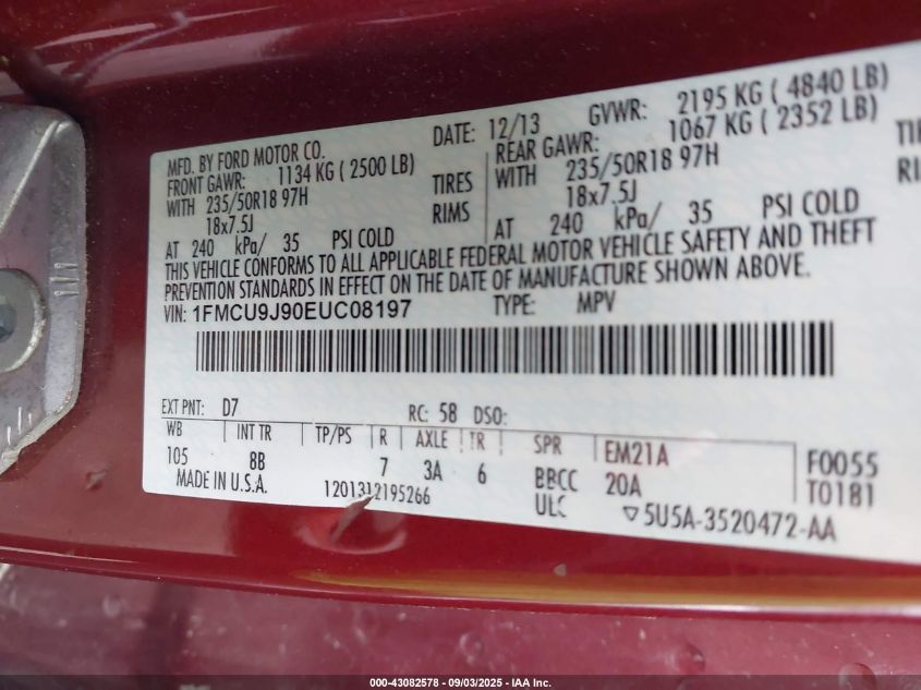 2014 Ford Escape Titanium VIN: 1FMCU9J90EUC08197 Lot: 43082578