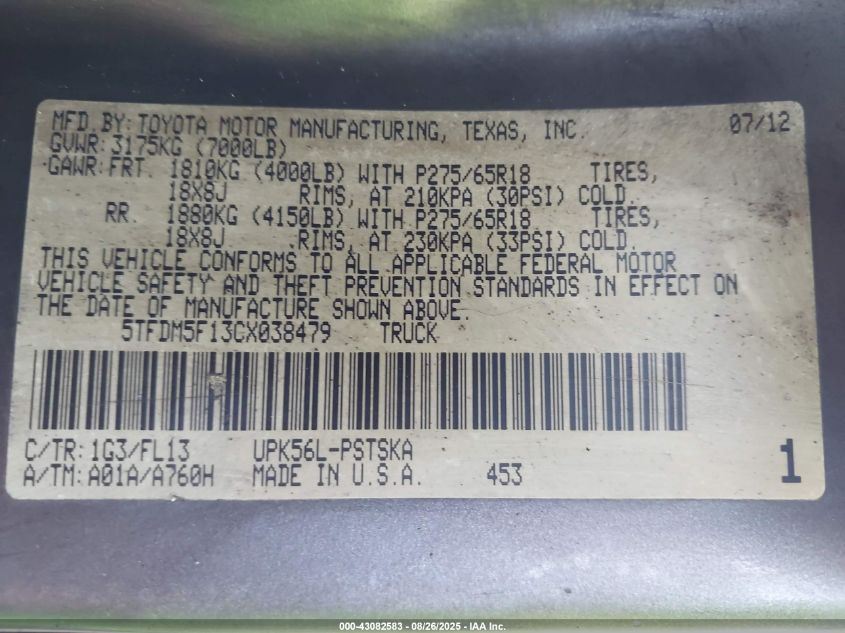 2012 Toyota Tundra Grade 4.6L V8 VIN: 5TFDM5F13CX038479 Lot: 43082583