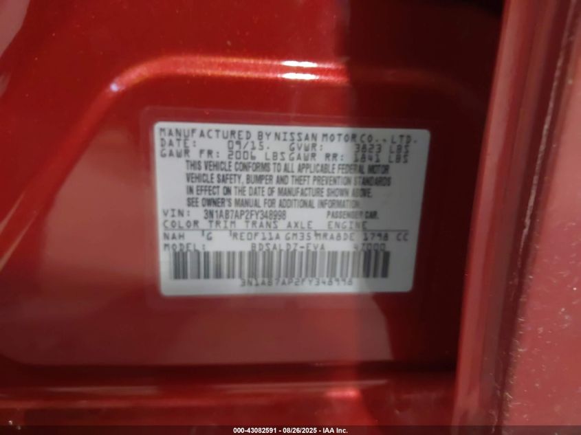 2015 Nissan Sentra Sv VIN: 3N1AB7AP2FY348998 Lot: 43082591