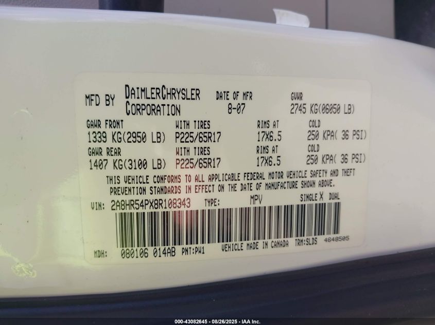 2008 Chrysler Town & Country Touring VIN: 2A8HR54PX8R108343 Lot: 43082645